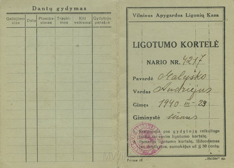 KKE 5429-1.jpg - (litewski) Dok. Legitymacja członkowska na fundusz chorobowy dla Andrzeja Małyszko, Wilno, 29 III 1940 r.